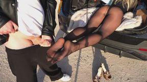 Outdoor Car Cumshot on Nylon Soles