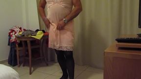 My MS pink nylon slip and wife wanking me off