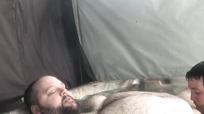 Fat man is having his dick and balls sucked by a kinky stepson