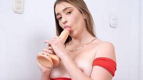 ”Brunette hot girl with hard pencil-eraser nips strips off her red lingerie & shows off some of her favorite toys.”