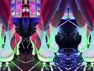 Hawt high heels on a counter in a nightclub with indecent cumshots on legs, feet and heels. AI-generated