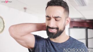Bearded Ali Rush ejaculates while black Jade Desir slams his anus