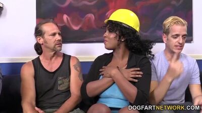 Voluptuous black babe with huge tits rammed by two white guys