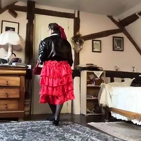 Outfit with a red ruffled skirt