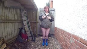 Stripping in Wellingtons and coat naked underneath
