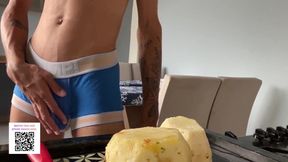 Skinny twink sucks pineapple while gushing on a BBC