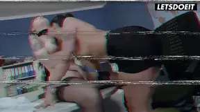 Curvy redhead gives sloppy blowjob at the desk