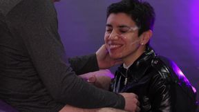 Cum Facial in a Leather Jacket