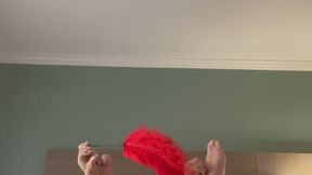 Self full body naked tickling with a red feather tickler