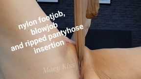 Nylon footjob, blowjob and ripped pantyhose insertion