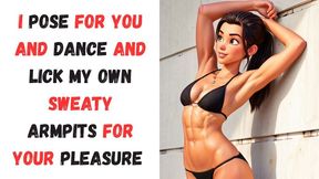 sexy hard bodied muscled anime beach babe poses for you and dance and licks her own sweaty armpits for your pleasure