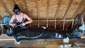 Gimp Slave Mummified In Chastity Then Gets Cock Milked With Vibe and Penis Sleeve