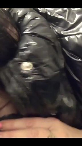 Milfycalla My Friend Cums 3 Times on My New Black Shiny Puffy Downjacket