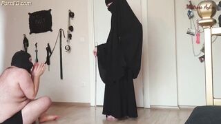 Muslim girlfriend canes fat sub