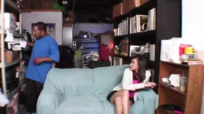 Slender brunette barely crams big black dick in her mouth and tight twat