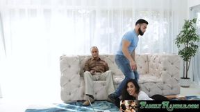 Ebony stunner gets destroyed and facialized by her huge stepbro