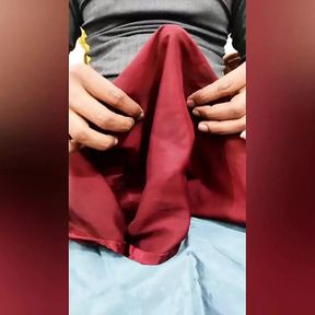 Satin handjob - Dick head rub with satin silky maroon suit of nurse (84)