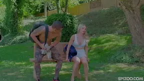 Busty beauty Maya Rose shows off thick rod in outdoor tease