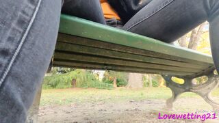 a bimbos pisses inside her jeans on a outdoors bench and is nailed (female version)