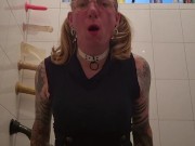 Sissy in navy dress needs cock