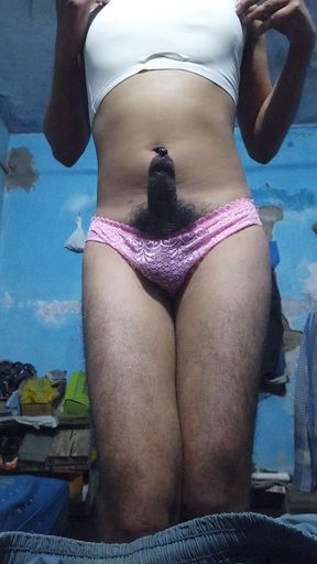 Young Indian Sissy Femboy in His Step Sister's Bra and Panties While Jerking Until Cum