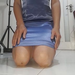 Blue Shiny Satin Short Dress Is Made for Masturbation