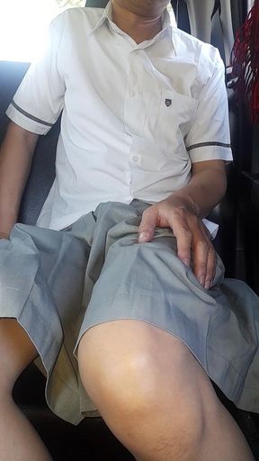 Asian Crossdresser Cum Wearing Grey *** Uniform