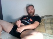 Scruffy dude jerks off to porn, sniffs underwear, & eats his own load