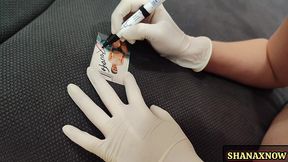item sold! blue denim thong panty stuffing latex gloves