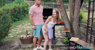 Petite Blonde step-daughter Maya Sinn outdoor threesome fuck