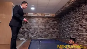 Pair of businessmen fuck inside of a hot pool together