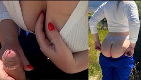 Risky bench handjob leaves big cock cumming