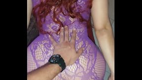 Curly Redhead PAWG in Purple Fishnet Bodysuit Masturbates With Dildo Before Taking It Doggystyle