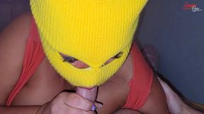 milf makes a blowjob in a mask.oral creampie