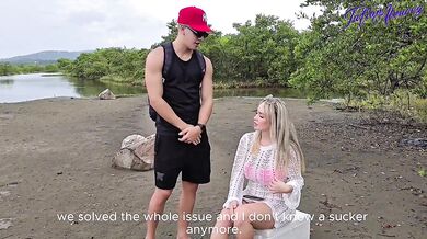 Beach threesome destroyed gushing public fuck hard