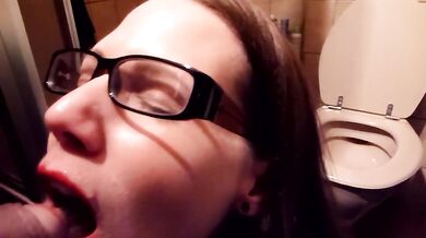 Nerdy librarian with glasses loves to drink piss