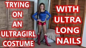 Trying On An Ultra Girl Costume With Ultra Long Nails - Candle Boxxx Long Red Fingernails Struggling With Shiny Tights For Superheroine Cosplay 4K