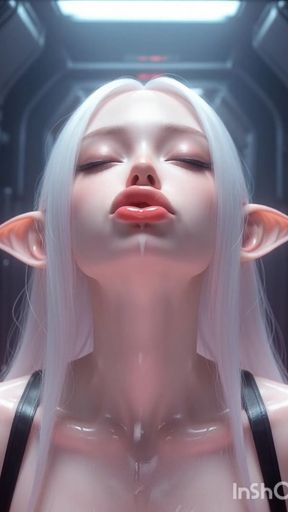 White haired elf in pink slime kisses and licks   Clip 2