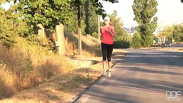 Running with her shapely legs!