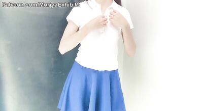 Asian girl flashed riskily in public booth with small tits nearly got caught