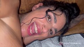 Tattooed Brunette Plays with Pink Dildo in Steamy Sauna POV