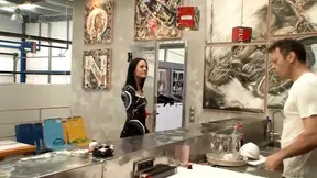 Ebony firefighter babe in black lingerie gives a wild, sloppy blowjob