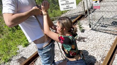 Tied up wife takes double creampie in public from husband and friend