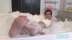 Blonde bimbo Xander gets his hairy ass&#x1F351; ravaged by fingers then wanks off in bathwater.