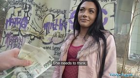 Slender euro brunette sucks cock and fucks a stranger on the street for big bank.