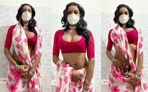 Crossdresser in Pink Saree Jerking off