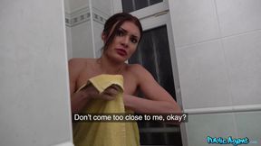 Russian brunette with stunning allure captivates in a daring public romp