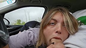 Deep-throating stepbro's cock&#x1F346; in the car, cum dripping down my face