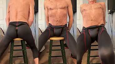 Stretch on Stool with Workout Pants and Groin Brace