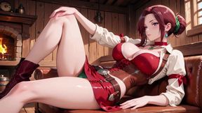 Lazy Tease on the Sun-drenched Porch, Corset Cinching Her Curves, Fingertips Grazing Chest, That Taboo Gaze in the Sunlight